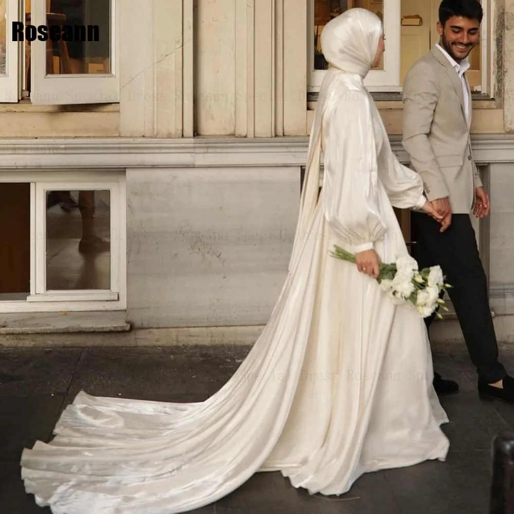 Muslim High Collar A-line Wedding Dresses 2024 New Draped Pleat Floor Length Ribbon Bride Dress Brush Train robe de mariée 2