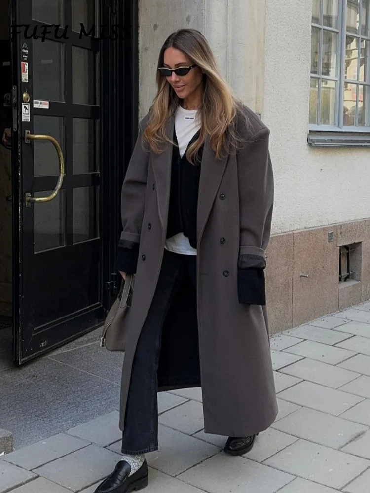 Solid Woolen Lapel Long Coats For Women Loose Full Sleeve Double Breasted Shoulder Pads Overcoats 2024 Autumn New Lady Outwears 2
