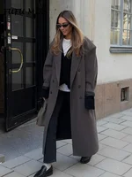 Solid Woolen Lapel Long Coats For Women Loose Full Sleeve Double Breasted Shoulder Pads Overcoats 2024 Autumn New Lady Outwears 2