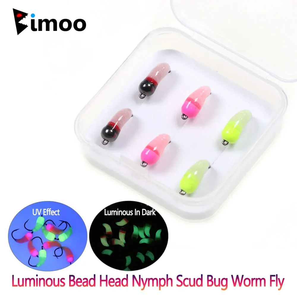 

6pcs/Box #8 #10 #12 Luminous Brass Bead Head Fast Sink Nymph Scud Bug Worm Fly Caddis Larvae Insect Baits Trout Ice Fishing Lure