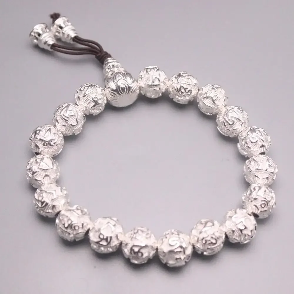 

Real 999 Silver Bracelet For Women Man Lucky Sutra Mancrame Heart Word Individuality 10mm White Lotus Beads Bracelet