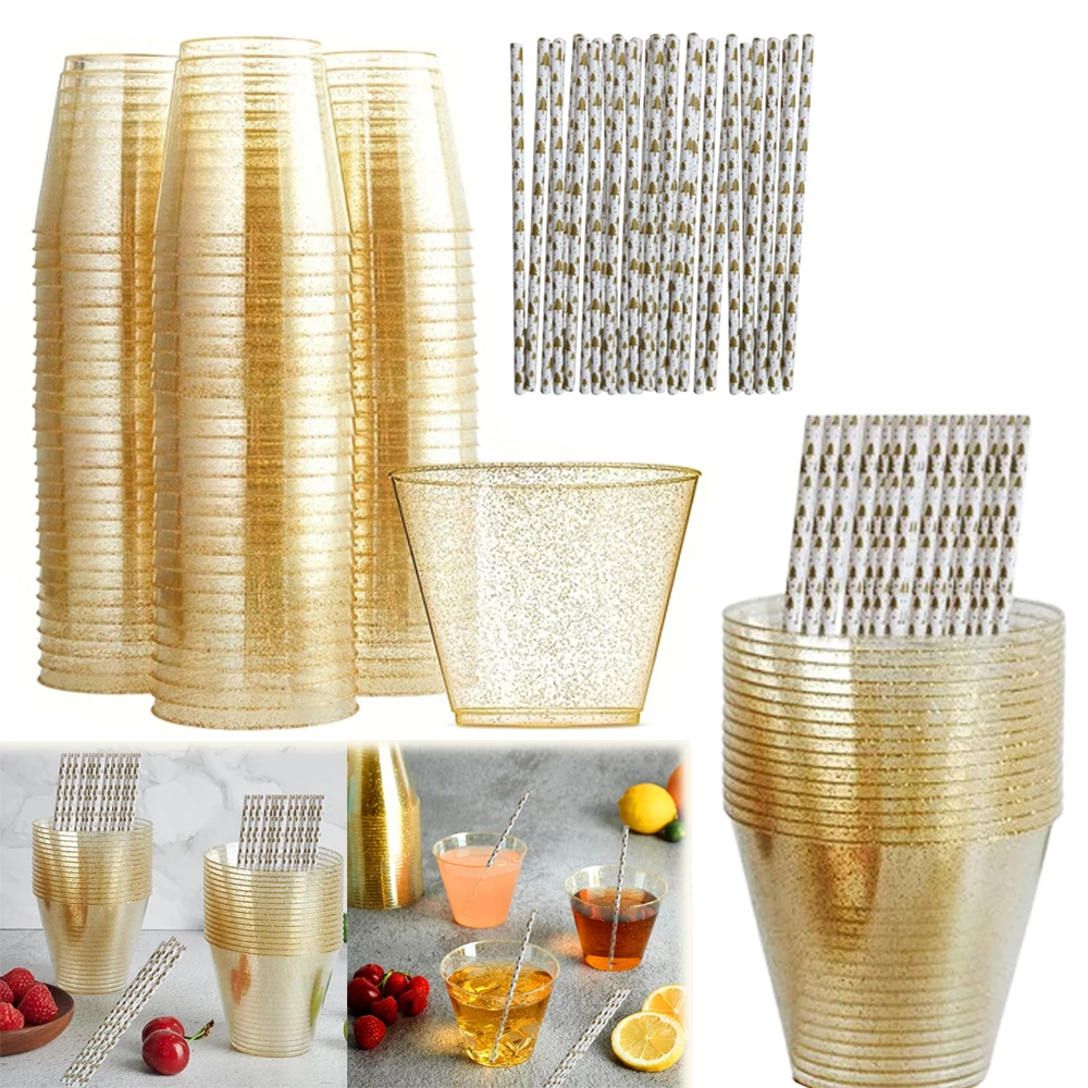 50/100Pcs Christmas Gold Glitter 9oz Clear Plastic Cups with Fun Tumbler Straws Disposable Drinking Cups with Paper Straws