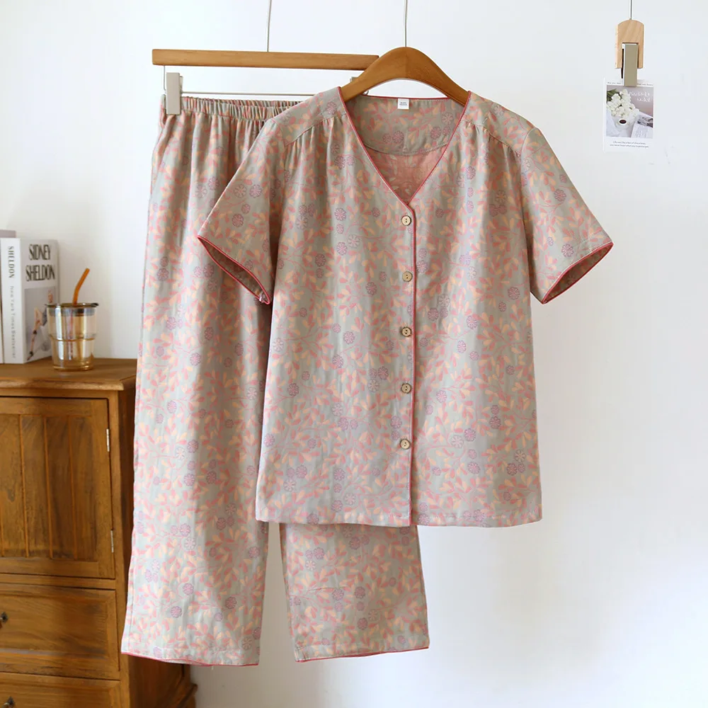 100% Cotton Sleepwear Women's Summer Suit Female Home Clothes 2 Pieces Lady Pajama Sets V-Neck Floral Print Lounge Wear