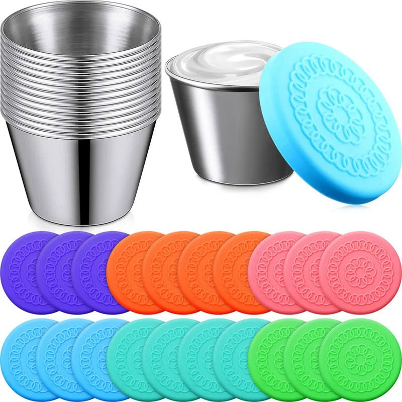 

ABHU 20 Pack Dipping Cups With Lid, 2.5 Oz Stainless Steel Dipping Sauce Cups, Condiment Containers With Lid, Freezer Cups