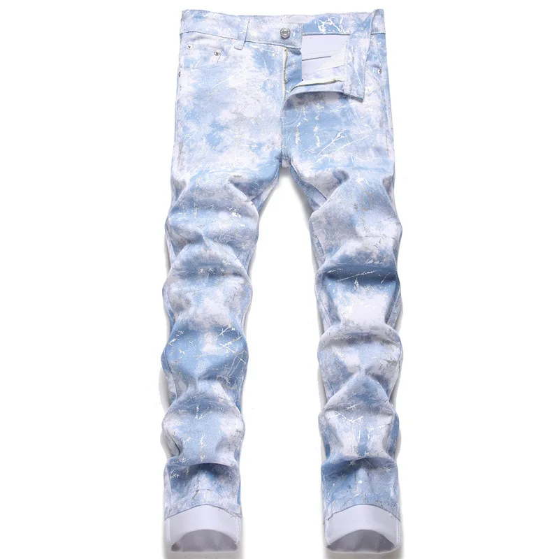

2023 Men's Printed Stretch Skinny Jeans New Slim High Street Denim Trousers