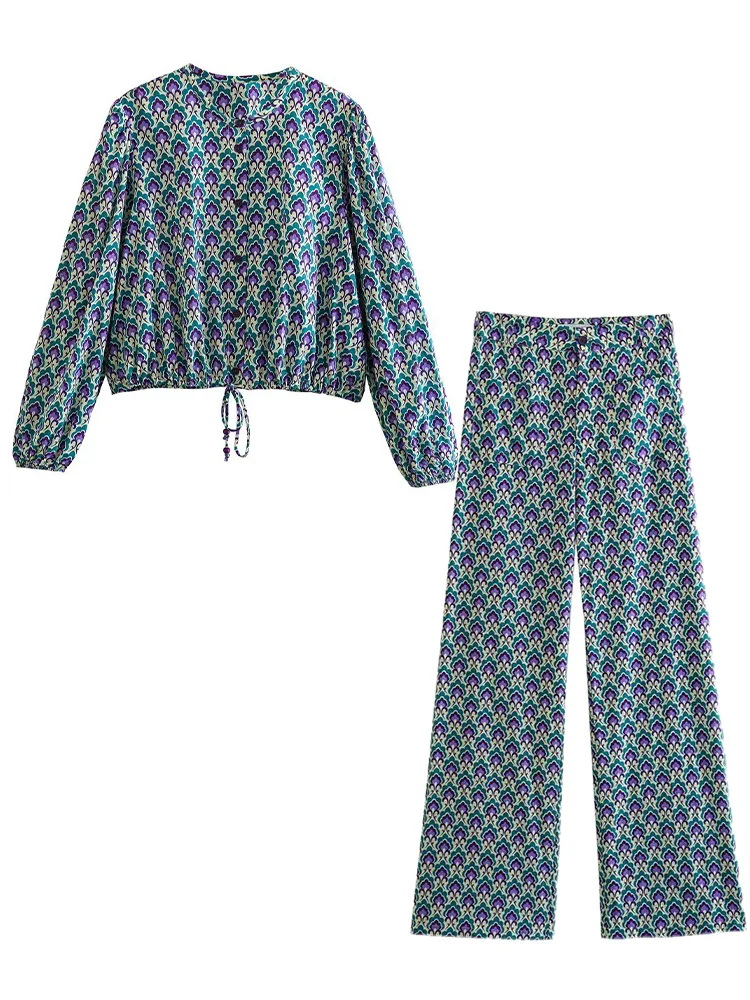 

Летний винтажный женский пижамный комплект с принтом, с рукавом до запястья, с завязкой на подоле, свободный кроп-топ на пуговицах, женские брюки с высокой талией, комплект из 2 предметов