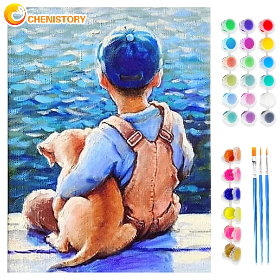 

CHENISTORY Oil Painting By Number Scenery Boy And Dog Kit Acrylic Picture Drawing On Canvas DIY Handpainted Home Decoration