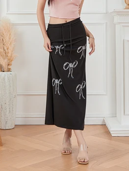 Women's Drawstring Long Skirts Fashion High Waist Bow Print Color Midi Skirts Ankle Length Skirts 2