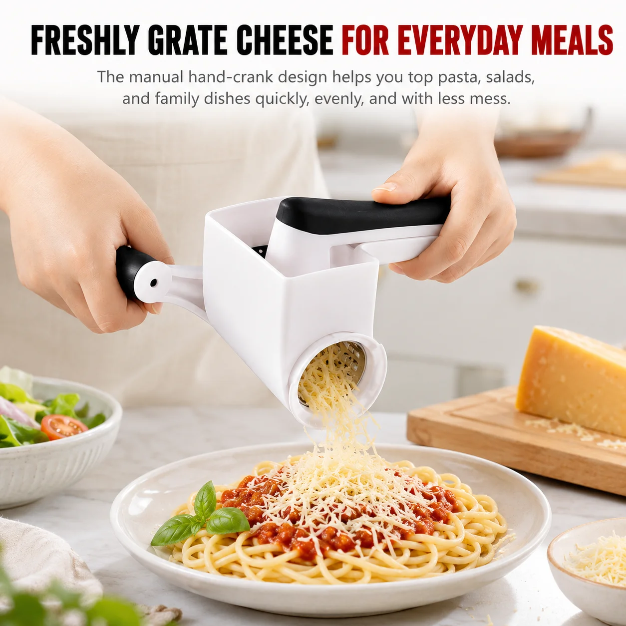 Handheld Rotary Cheese Grater 3 Interchangeable Drums Manual Vegetable Slicer Shredder For Kitchen Pasta Salad Prep