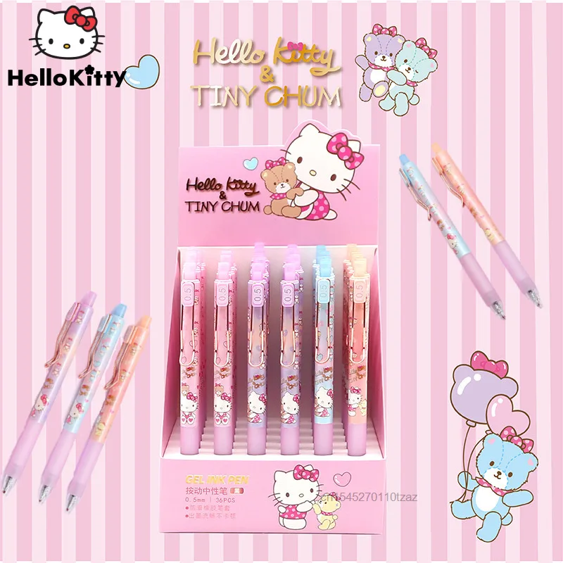 

36Pcs Sanrio Hello Kitty Boxed Press Gel Pen Cute Cartoon Press Carbon Pen Signature Pen Student School Supplies Anime Figure