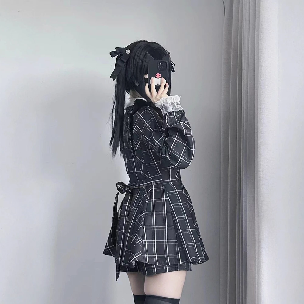Damen Lolita Kawaii Süßes Spitzen-Patchwork-Karokleid Feenhaftes Grunge Rüschenkleid mit Langen Ärmeln Y2k Ästhetik Lolita Vestidos – Detail 6