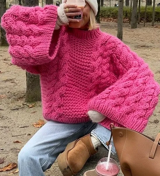 thumbnail image 1 of Suéter de punto de línea gruesa y suelta para mujer, cuello redondo, manga farol, prendas de punto, otoño e invierno, jersey liso que combina con todo, jerséis de moda, 1 of 5