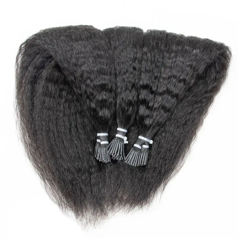 Kinky Straight I Tip Human Hair Extensions Cuticles Remy Micro Link With Free Beads 1.5cm 12