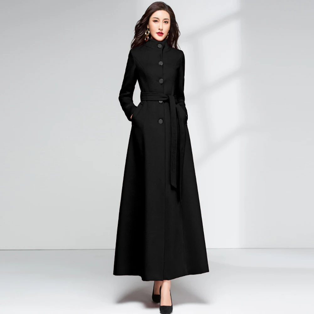 

New Women Overlength Woolen Coat Autumn Winter Fashion Stand Collar Thicken Warm Lacing Wool Blends Overcoat Slim Long Outerwear