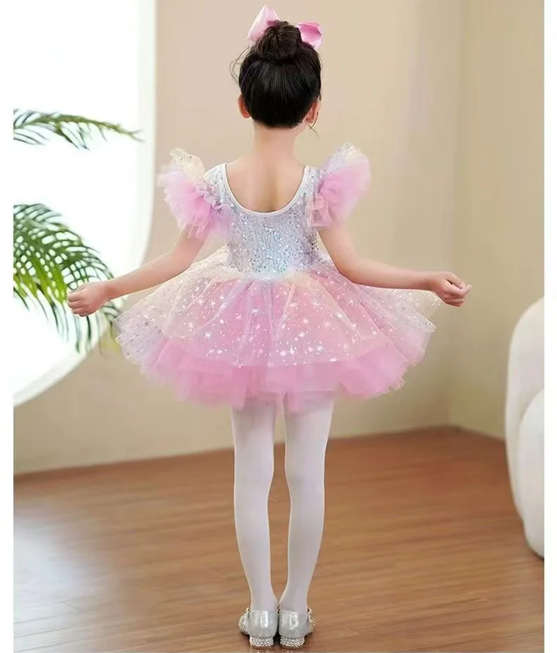 Yellow White Kids Ballroom Clothing Sequined Modern Dance Tutu Dress Girls Dance Costume Stage Wear Wedding Princess Dresses