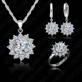 New Fashion Flower Sun Cubic Zirconia Newest Genuine Silver Jewelry Sets Earrings Pendant Necklace Rings Size6-9