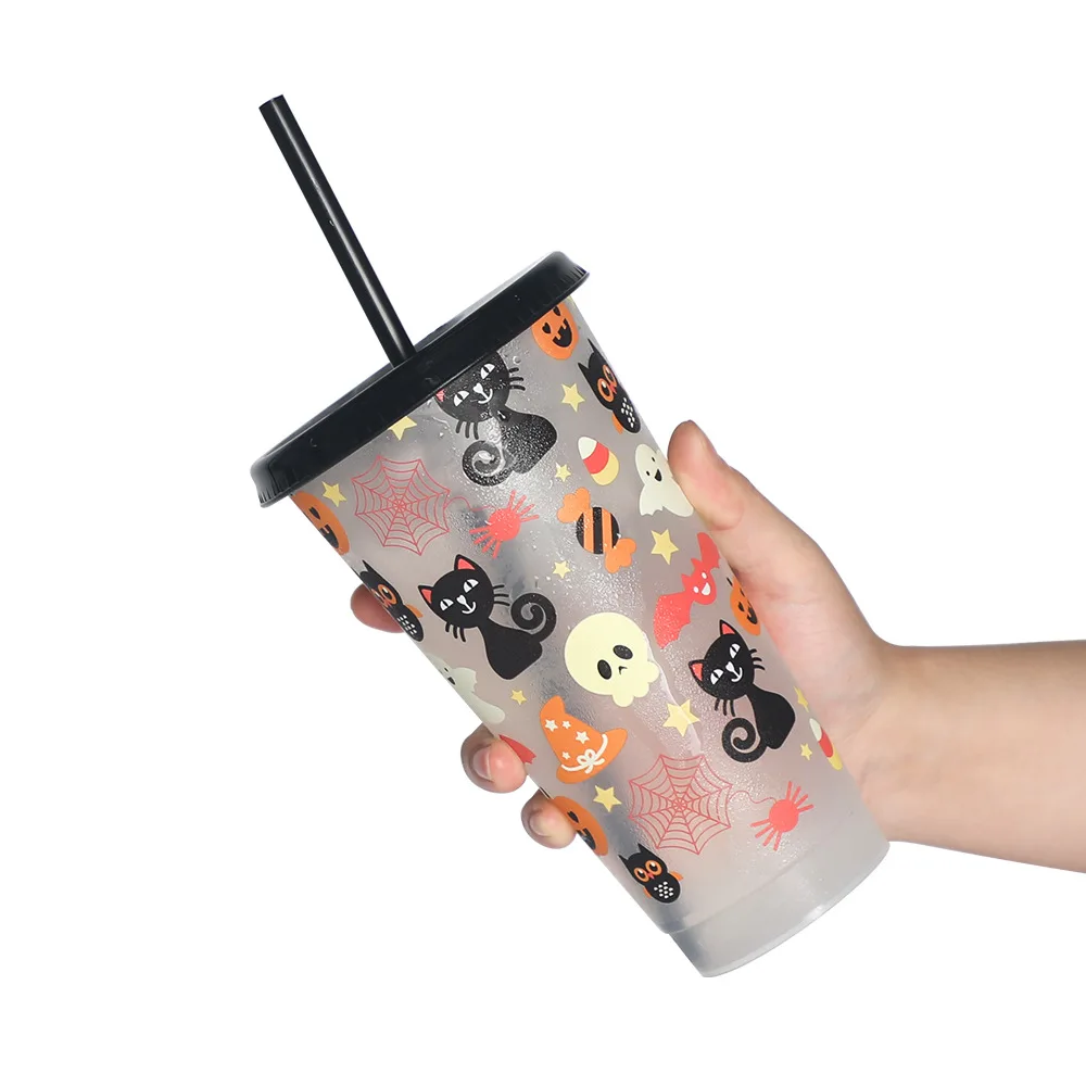 

Halloween Gift Cup Temperature Sensitive Plastic Cup with Color Change 710ml Single-layer PP Coffee Straw Color Changing Cup