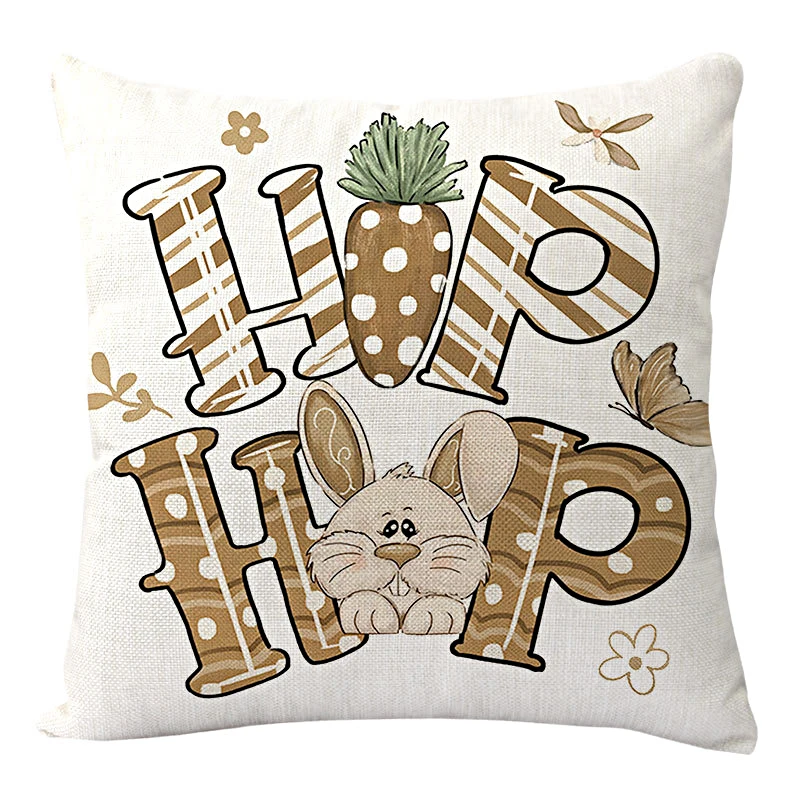 4PCS Easter Pillowcase Farmhouse Home Decor Cushion Cover Cute Bunny Eggs Printed Linen Back Cushion Cover Happy Easter Decor 4