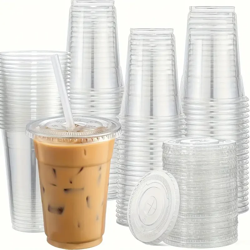 100PCS Clear Plastic Cups with Lids12oz Disposable Cold Drink Containers for Bubble Tea Iced Coffee JuiceSmoothie Party Supplies 1