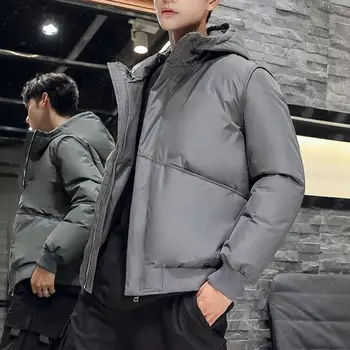 가을 겨울 남성용 코튼 코트, 두꺼운 패딩 후드 남성 파카, 단색 긴팔 지퍼 포켓 탄성 커프 다운 재킷