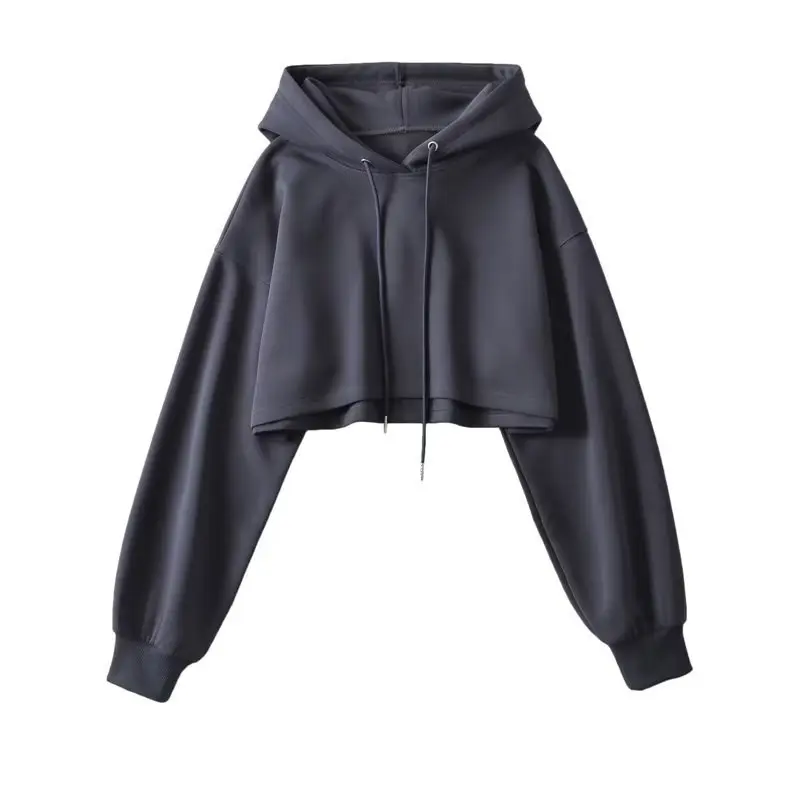 Sexy Short Hooded Sweatshirts Women Fashion Solid Color Long Sleeve Crop Tops Korean Streetwear Pullover Hoodies Female 2