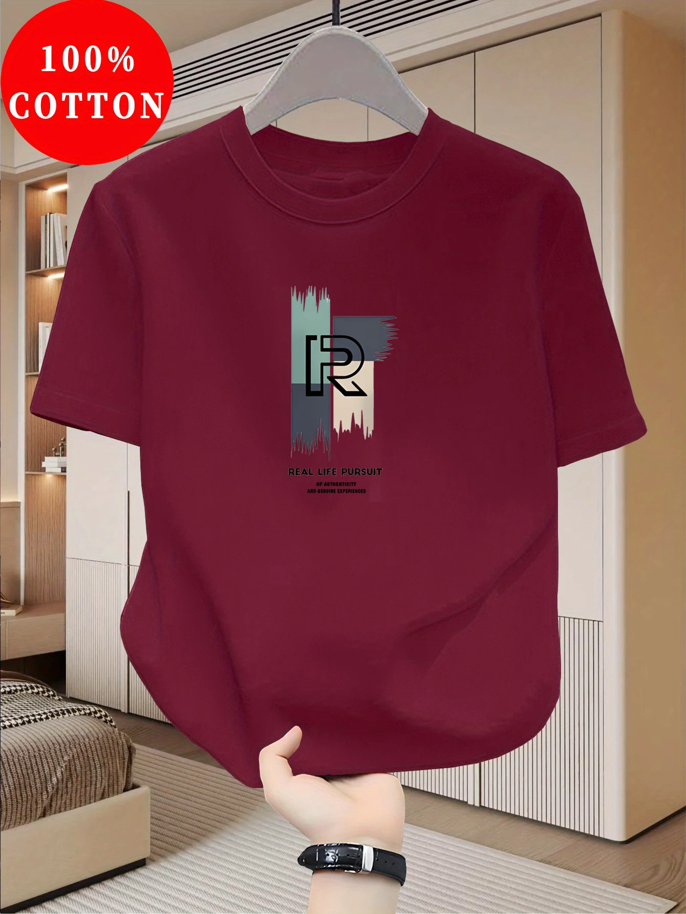 Men's 100% pure cotton casual loose modern abstract letter and "at time" pattern printed round neck short sleeved T-shirt top