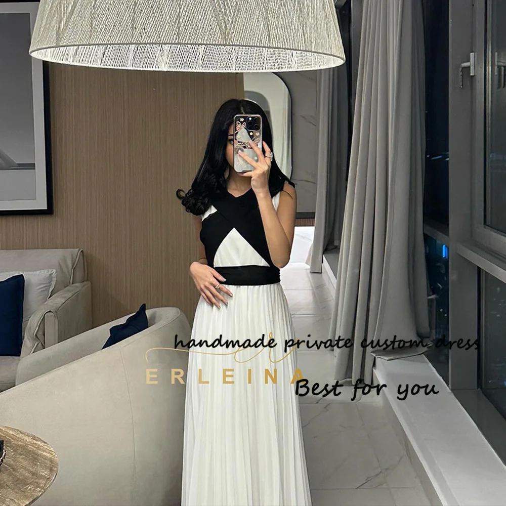 

Black White Chiffon Mermaid Prom Dresses V Neck Sleeveless Arabian Dubai Fromal Party Dress Floor Length Evening Gowns