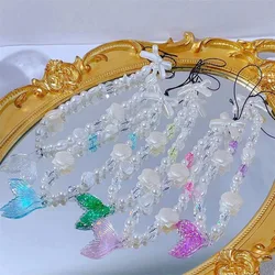 Mermaid Tails Pearl Bow Beaded Mobile Phone Chain Resin for Women Fashion Anti-Lost Cellphone Case Lanyard Hanging Jewelry