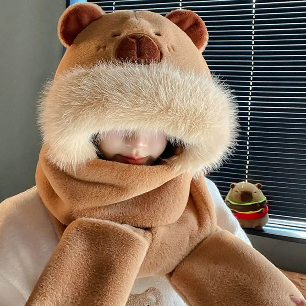 Trendy 3 in 1 Capybara Hat Scarf Set Cartoon Panda Scarf Hat Glove for Women Soft Ear Protection Furry Scarf Cap Set Girls 2