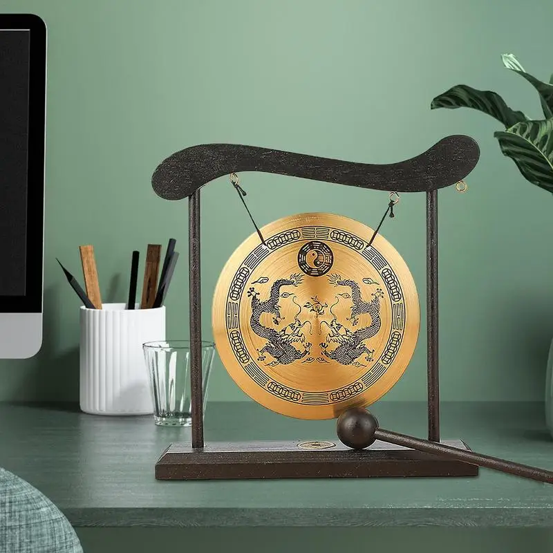 Feng Shui Gong Chinese Feng Shui Zen Gong Bell With Stand And Mallet Dragon With Taiji Symbols Desktop Retro Chime Table