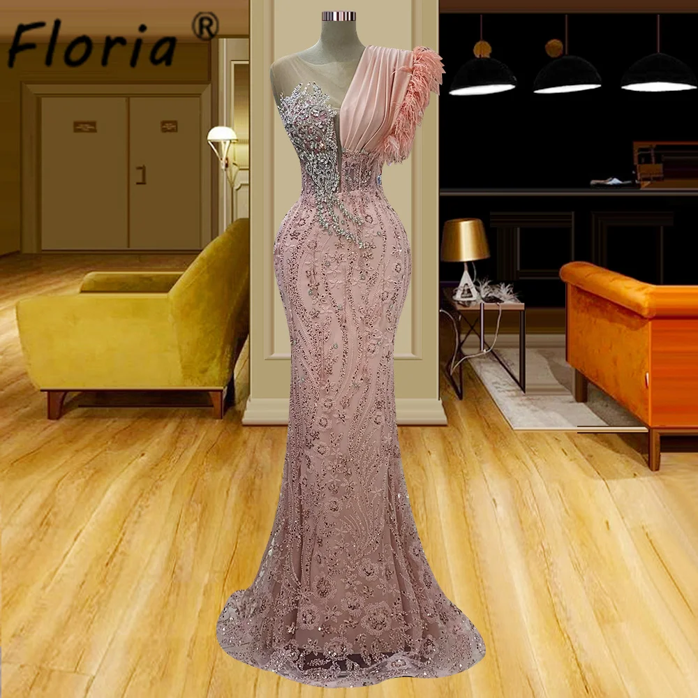 

Elegant Woman Mermaid Prom Dresses Beaded Crystal Pink Party Dress One Shoulder Celebrity Arabic Sequins Evening Gowns فساتين