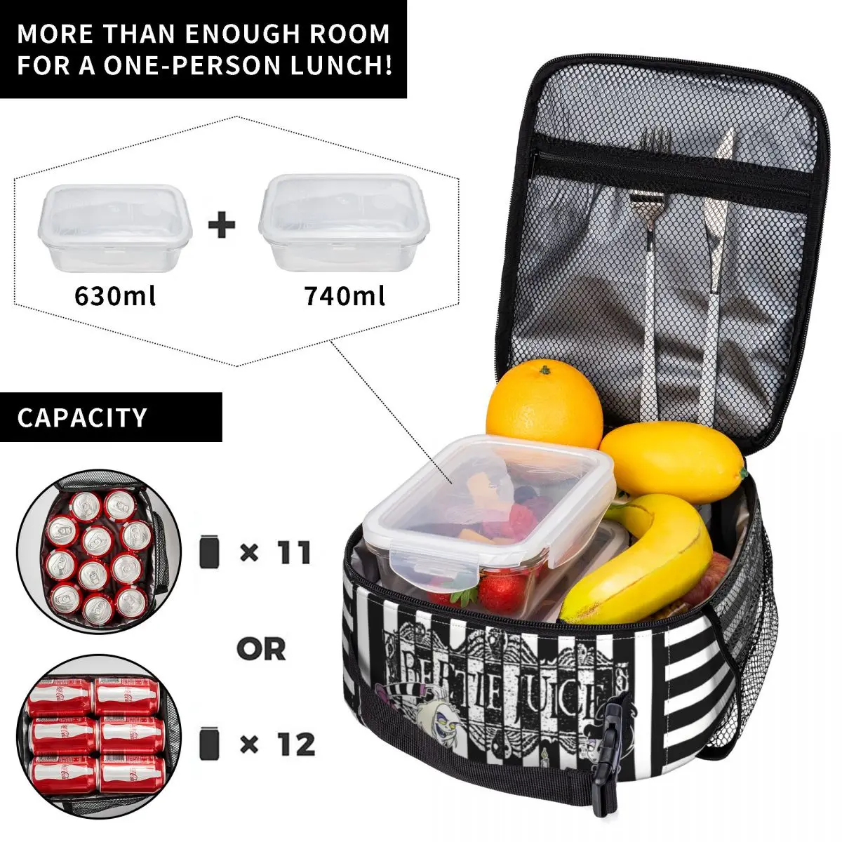 Movie Beetlejuice And Lydia Insulated Lunch Bag for Outdoor Picnic Cartoon Tim Burton Horror Film Thermal Cooler Lunch Box Kids
