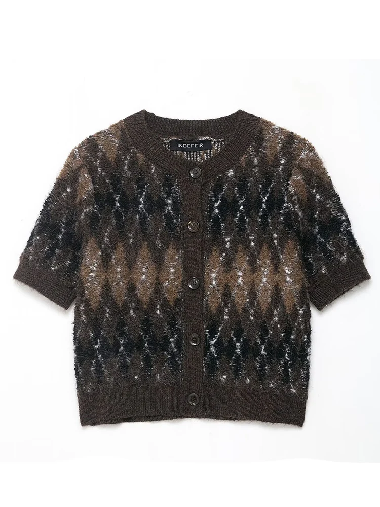 Women Elegant Knitted Short Cardigans 2025 Autumn  New Fashion Printing Short Sleeve Sweater Cardigan Casual Knitwear Top