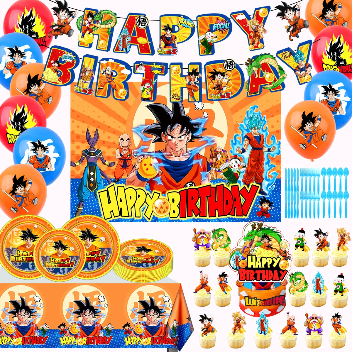 Anime Dragon Ball Birthday Party Disposable Cutlery Plate Banner Cake Topper Hanging Flag Balloons Set Decorations