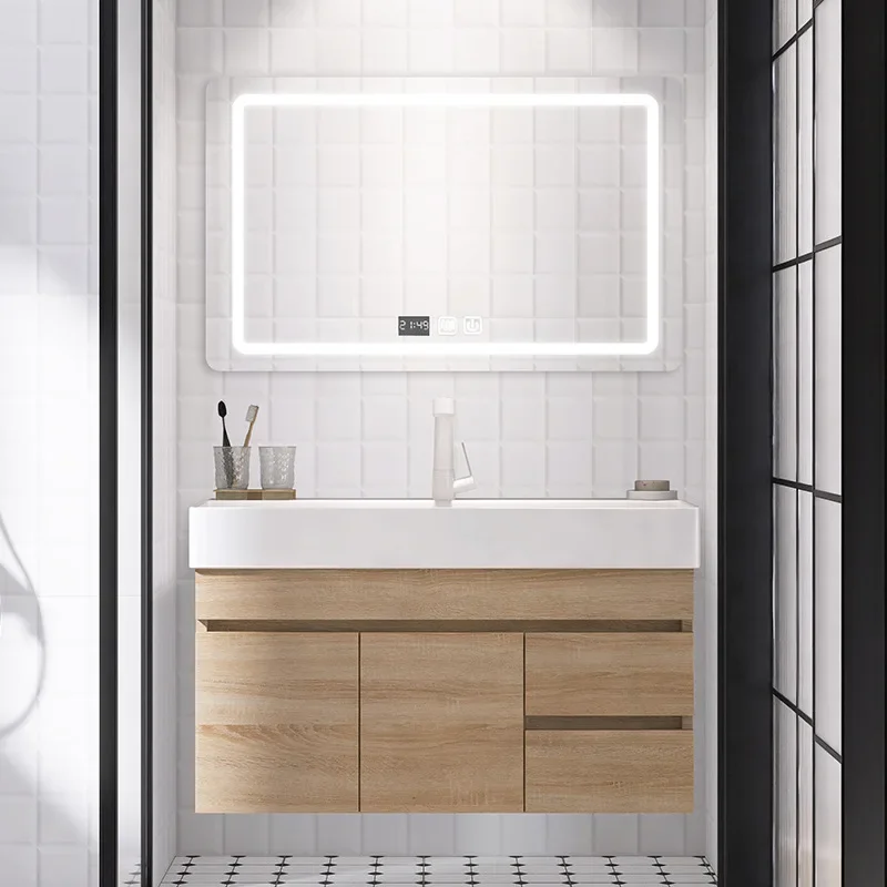 Modern Simple Large Basin Integrated Bathroom Cabinet Light Luxury Ceramic Washbasin Smart Mirror Log Color Washbasin Fixture