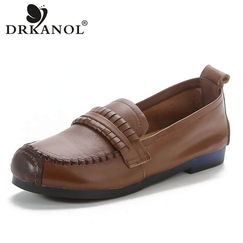 

DRKANOL Women Genuine Leather Flat Loafers Spring Shallow Slip On Flats Shoes Shallow Handmade Sewing Retro Casual Single Shoes