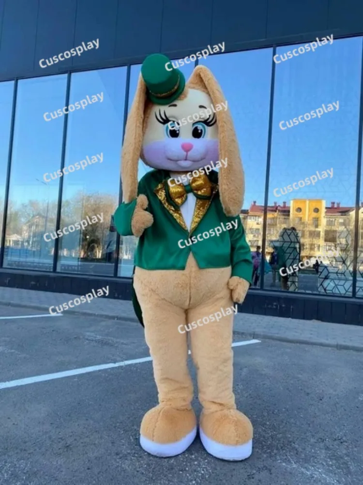 

Cute Brown Hare Tuxedo Rabbit Green Tailcoat Easter Bunny Mascotte Fancy Cartoon Mascot Costume Plush Fancy