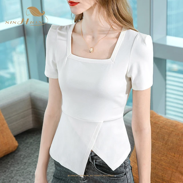 SISHION Square Neck Short Sleeve Black White Red Summer T Shirt for Women  VD3057 Irregular Cotton Vintage Tops Blouse