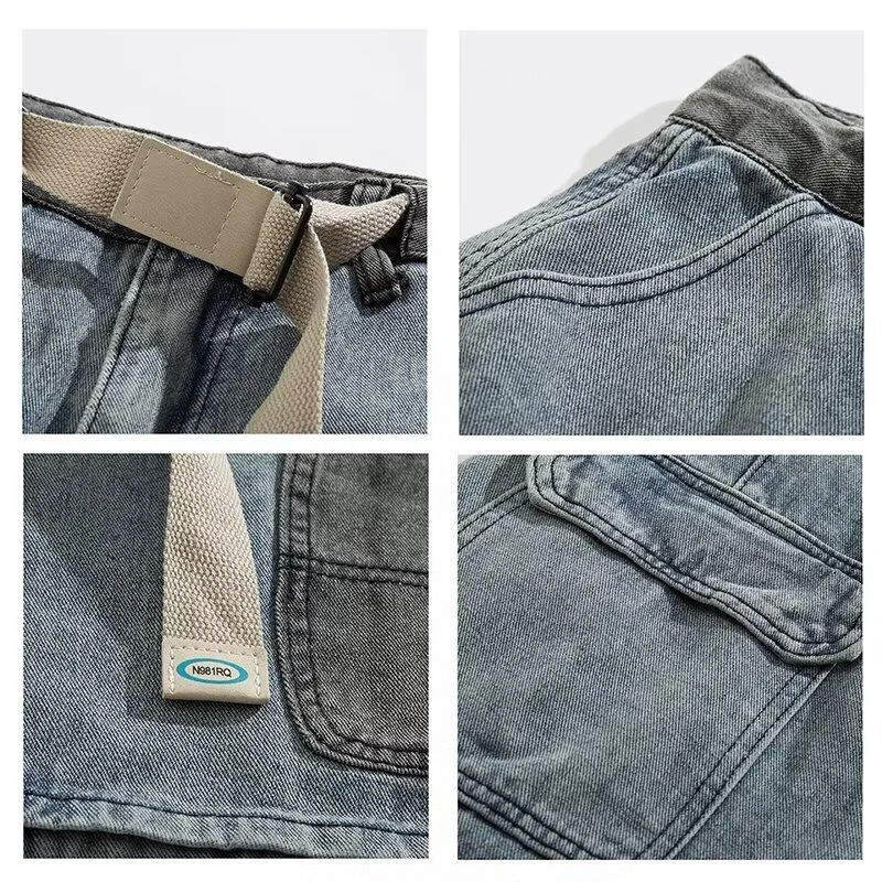 PFHQ Belt Workwear Denim Men's Shorts Straight Leg Wide Leg Patchwork Korea Fashion Casual Male Trousers 21E3258
