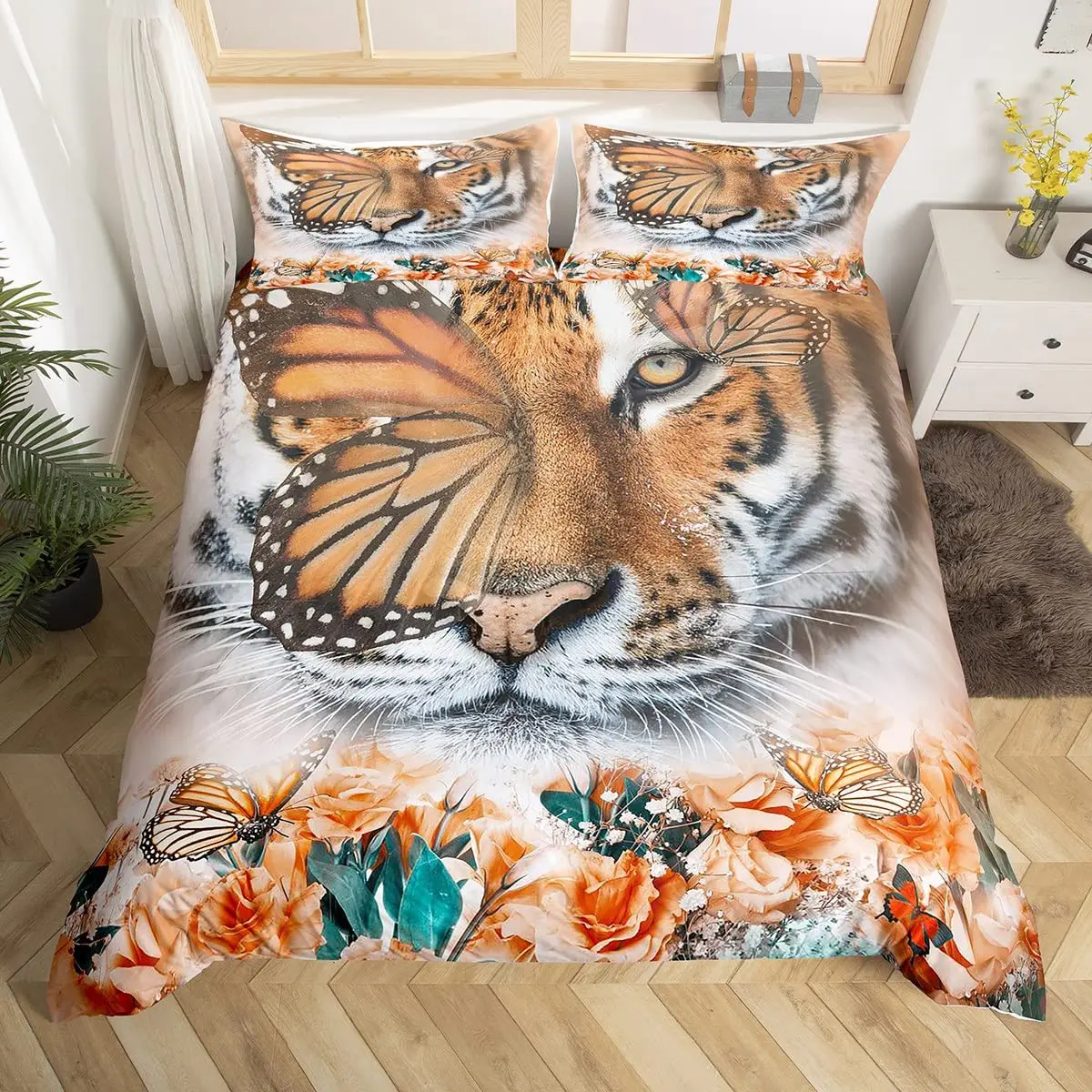 King Queen Duvet Cover Africa Big Cat Flower Bedding Set for Teen Adult Animal 2/3pcs Polyester Quilt Cover White Tiger Red Rose