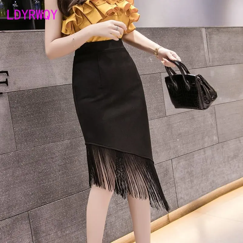 Elastic New Versatile Tassel Hem Spliced Wrap Skirt Half length One Step Skirt Professional Skirt