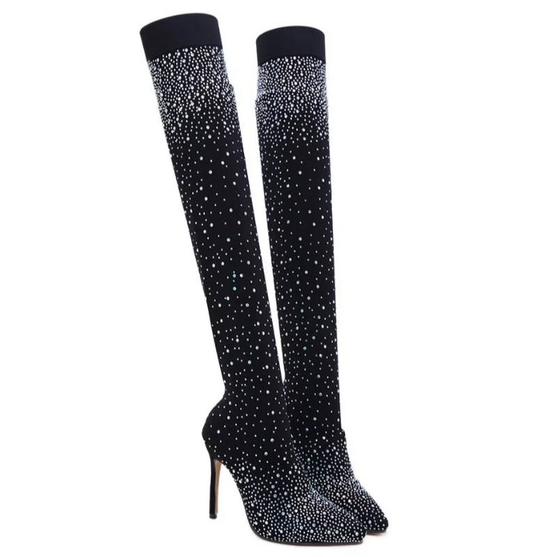 Sexy Rhinestone Long Socks Women Over The Knee High Boots Thigh High Heel  Boot Pointed Party Ladies High Heels Bling Woman Pumps