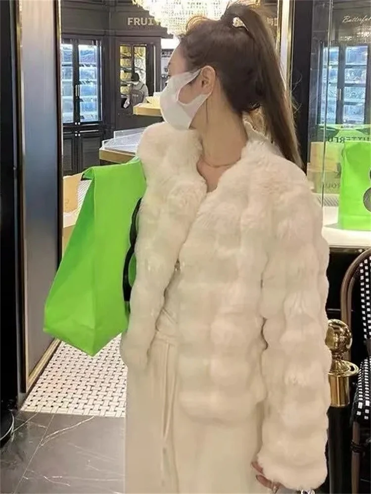 Luxury Short Faux Rabbit Furs Jackets Elegant Thicken Winter Coats Imitate Mink Warm Jaqueta Korean Fashion Women Furry Overcoat
