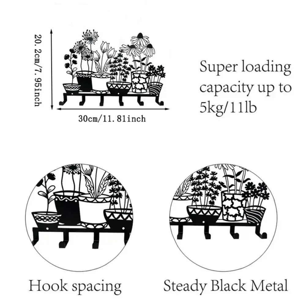 1pc Metal Wall Mounted Hanging Holder, Black Flower Vase Key Holder, Coat Hanger With 6 Hooks key hanger，Iron Art, Wall Sticker 3