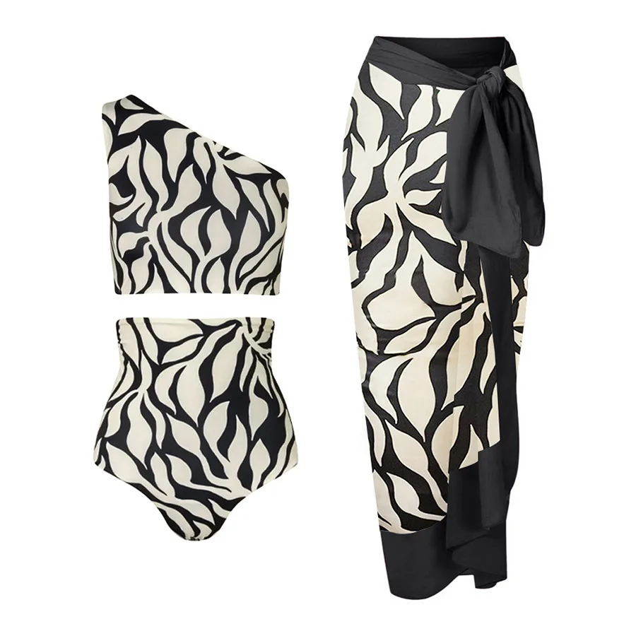 2023 New Fashion Printed Slant Shoulder Swimsuit Women's High Waist Conservative Bikini Swimwear Summer Beach Wear