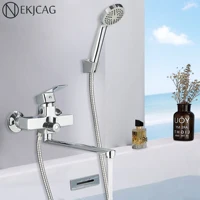 Chrome Long Spout Bathtub Shower Faucet Wall Mounted Hot Cold Mixer Swivel Tub Spout Bath Tap 2-ways Water Outlet Crane 30cm 1