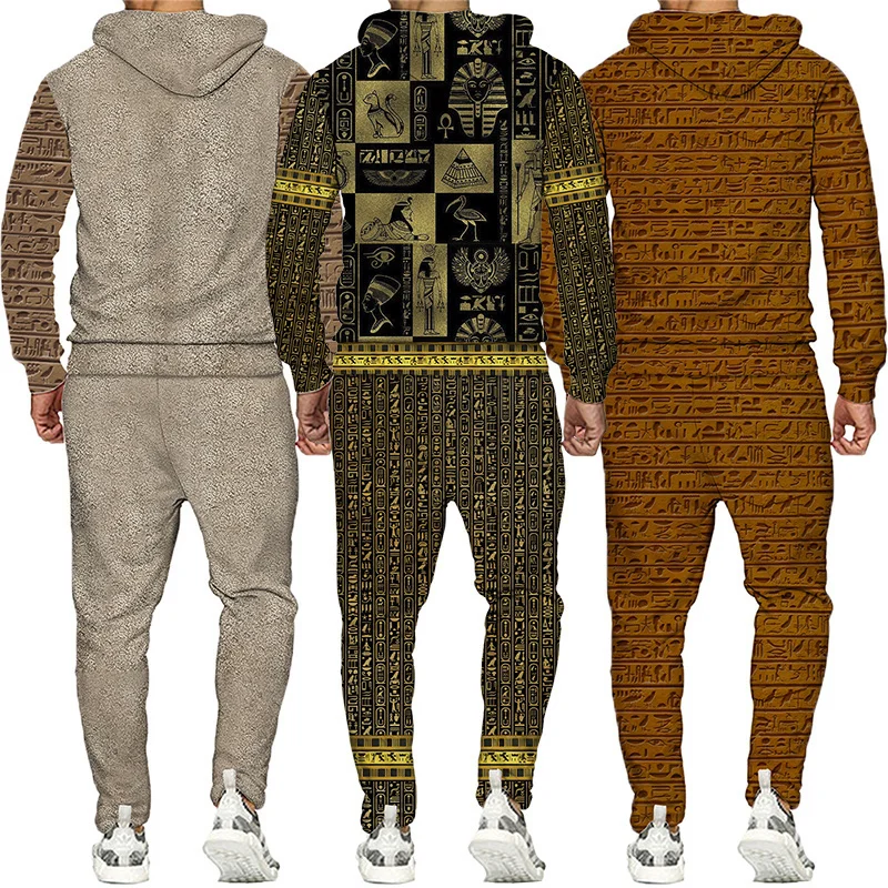 S-6XL Mărime mare 3D Jachetă pentru bărbați cu imprimeu egiptean Hanorac cu pantaloni Set Trening pentru bărbați Iarnă și toamnă Sport Umăr bărbătesc_voghion.com