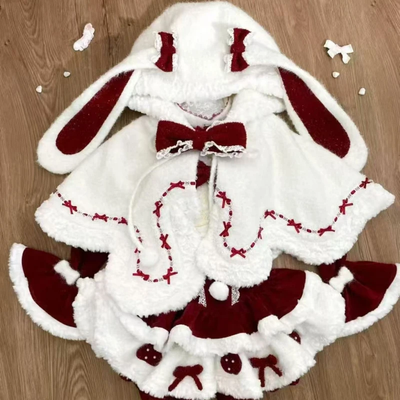 Kawaii Lolita 3 Piece Sets Women Cute Plush Bunny Ear Hooded Cloak Coat Bow Mini Dresses Korean Style Y2k Suit Winter Christmas