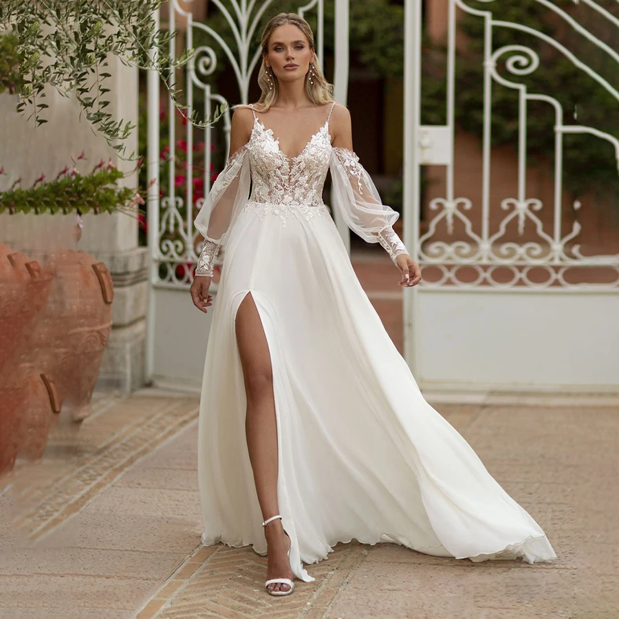 

Lace Sexy Bride Gown V Neck Long Sleeve A-line High Slit Illusion Temperament Wedding Dresses for Women Свадебное платье