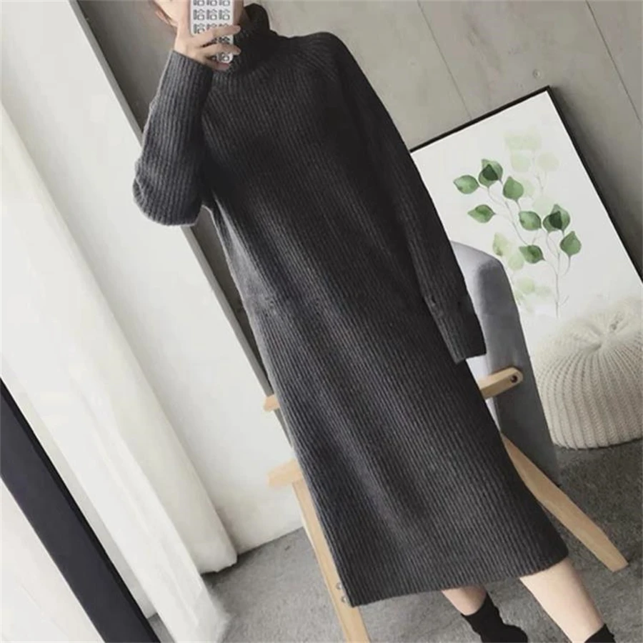 Turtleneck Loose Knitted Sweater Dress Korean Knitwear Long Dresses Thick Elegant Casual Vestidos Women Fall Winter New Robe